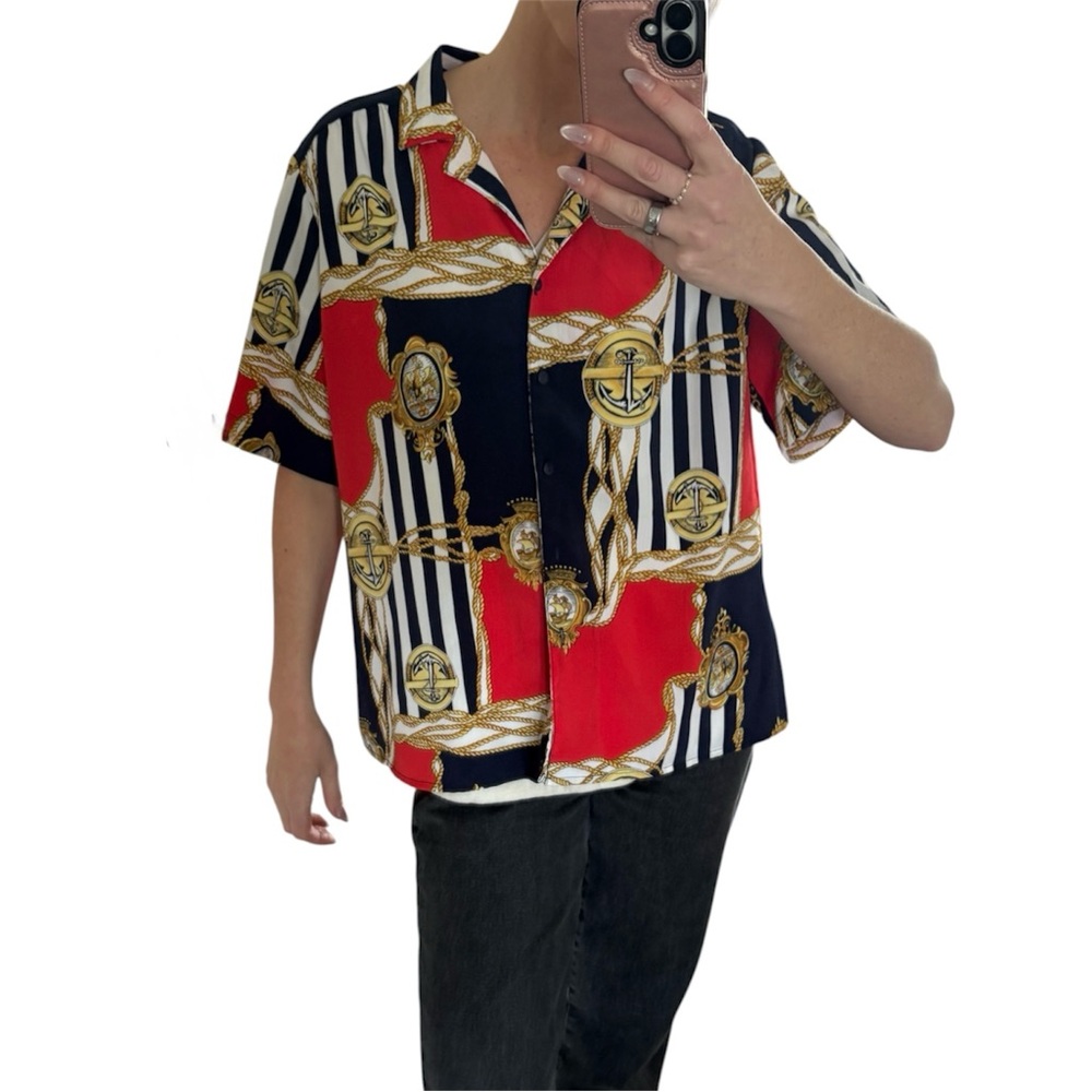 Vintage Alia Nautical Rope & Anchor Print Button-Up coastal holiday (M/L)